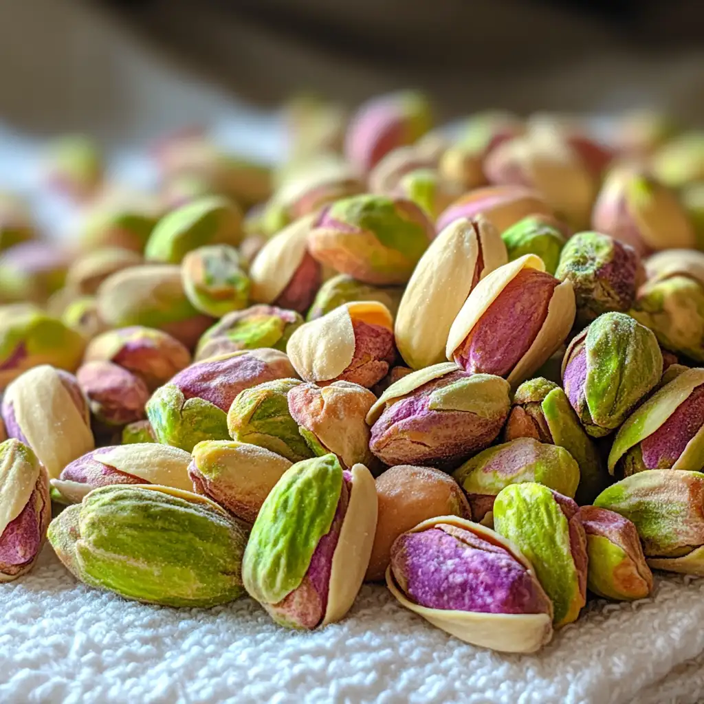 Blanched and peeled pistachios on a towel