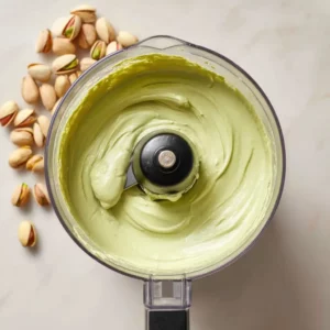 Blending pistachio cream in food processor