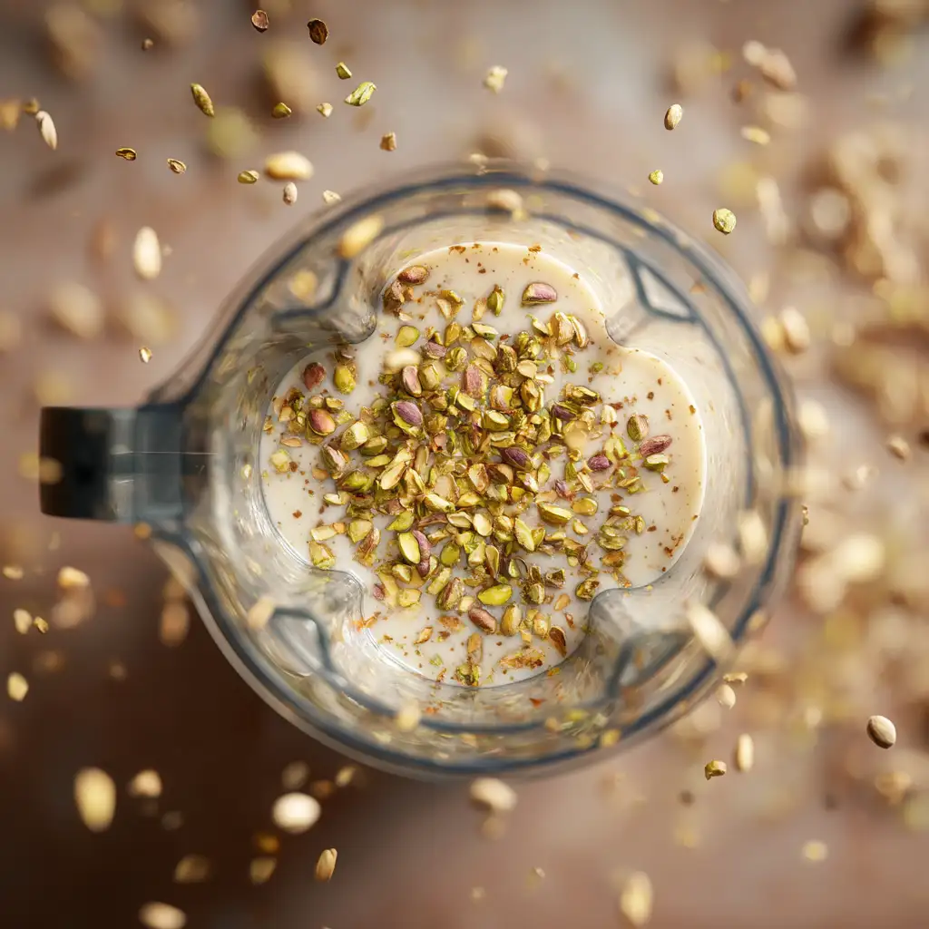 Blending pistachio smoothie ingredients