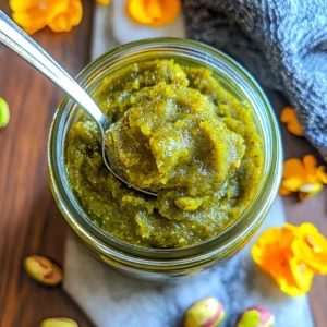 Homemade pistachio paste in a glass jar