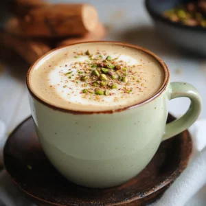 Hot pistachio latte in ceramic cup topped with crushed pistachios