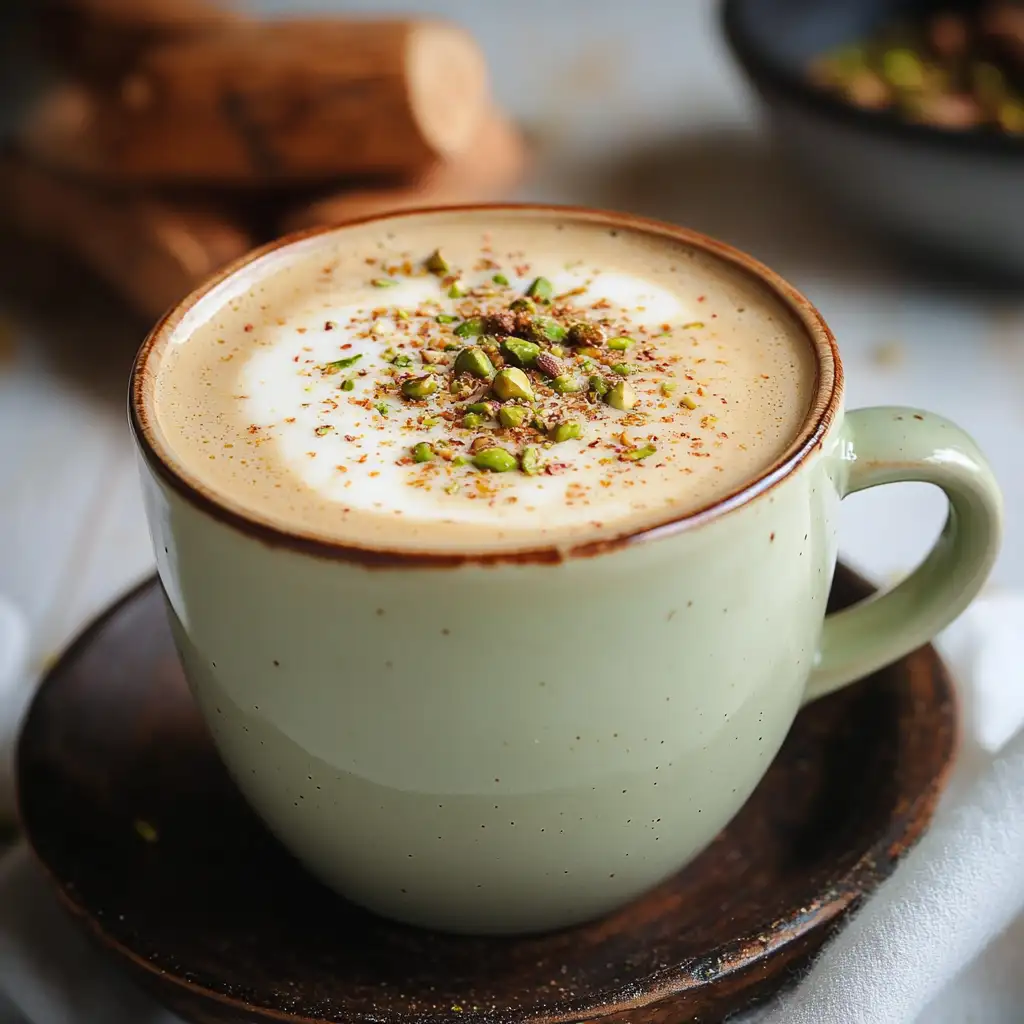Hot pistachio latte in ceramic cup topped with crushed pistachios