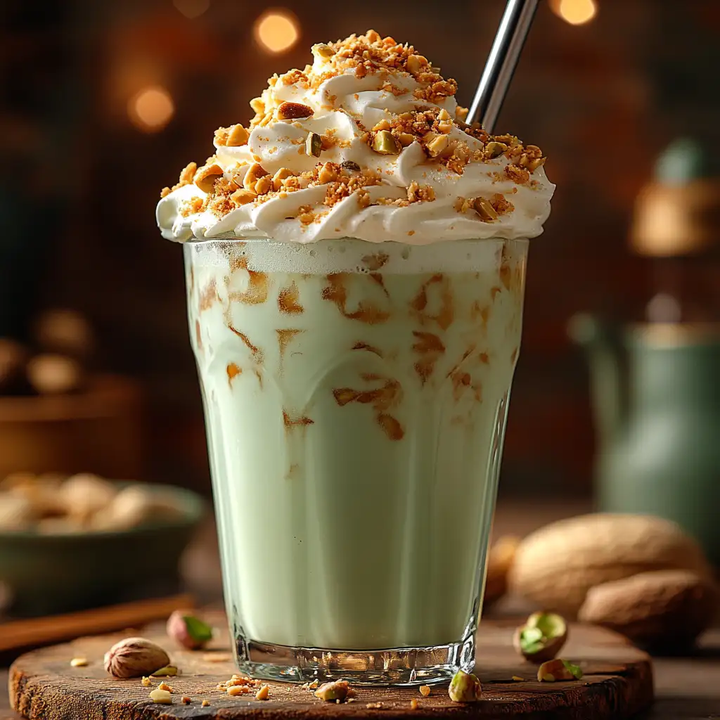 Iced pistachio latte in tall glass