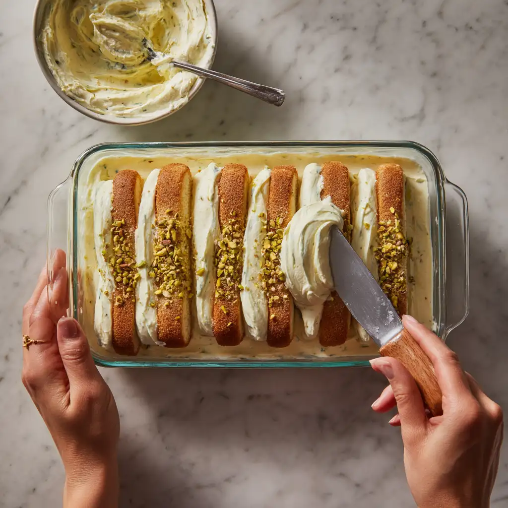 Layering pistachio tiramisu recipe in glass dish