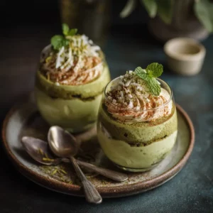 Served matcha tiramisu in glass cups