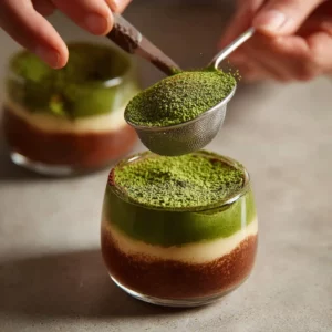 Dusting final layer of tiramisu with matcha