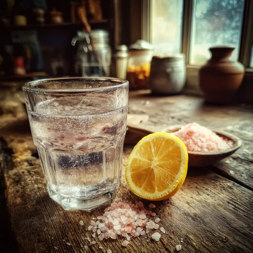 pink salt trick recipe in glass with lemon