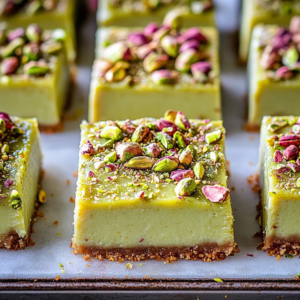 Pistachio Cheesecake Bars on white marble counter