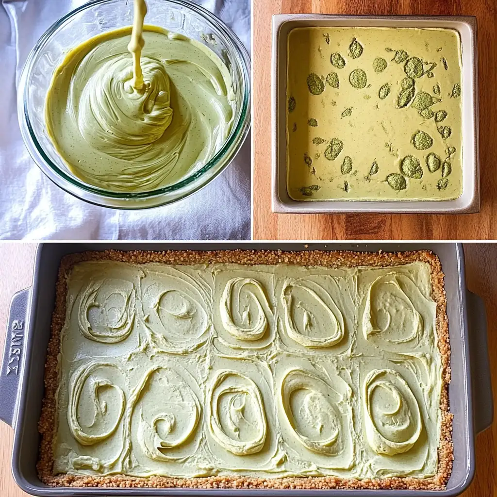 Pistachio cheesecake mixture being poured