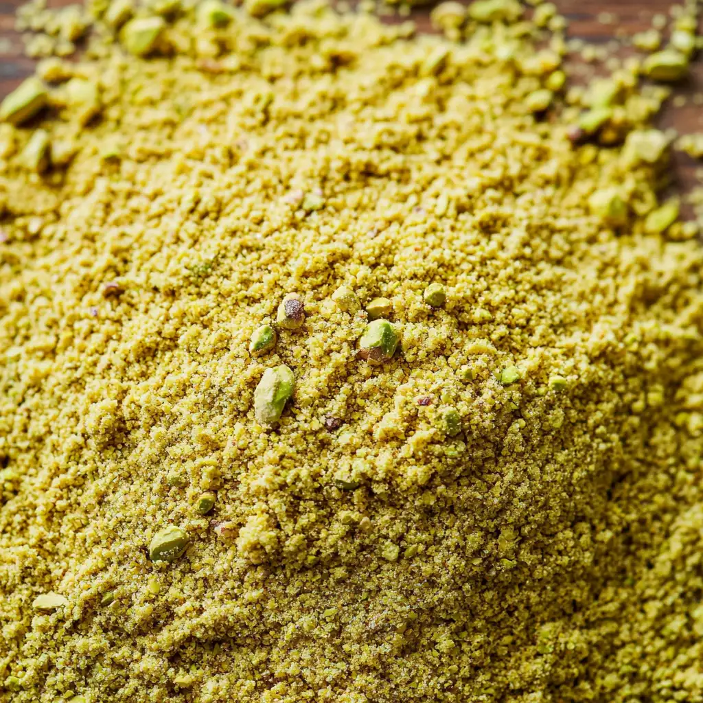 Pistachio flour in a glass bowl on a wooden table