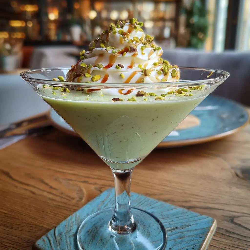 garnished pistachio martini recipe with whipped cream