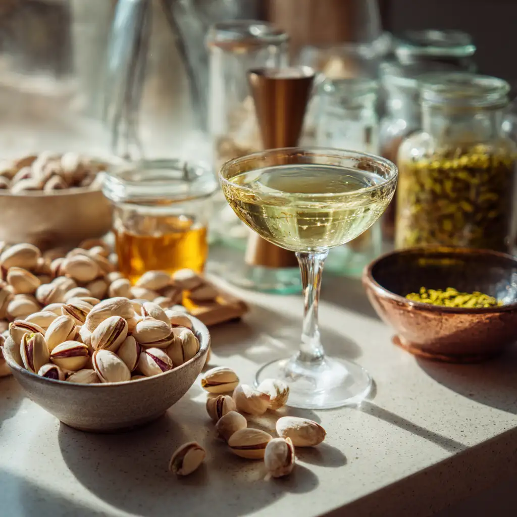 pistachio martini recipe ingredients on kitchen counter