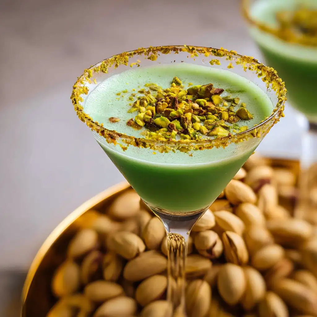 creamy pistachio martini recipe with crushed pistachio rim