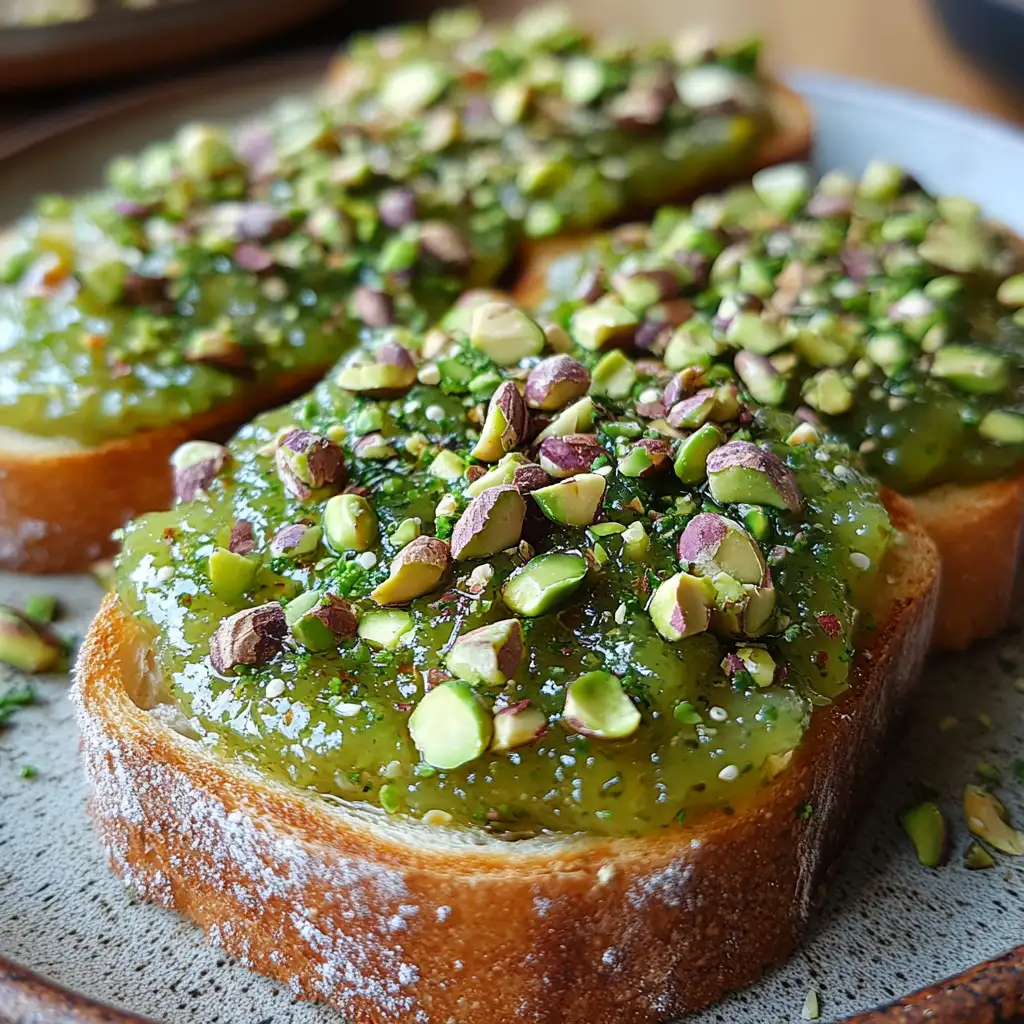 Pistachio paste spread on toast with crushed pistachios