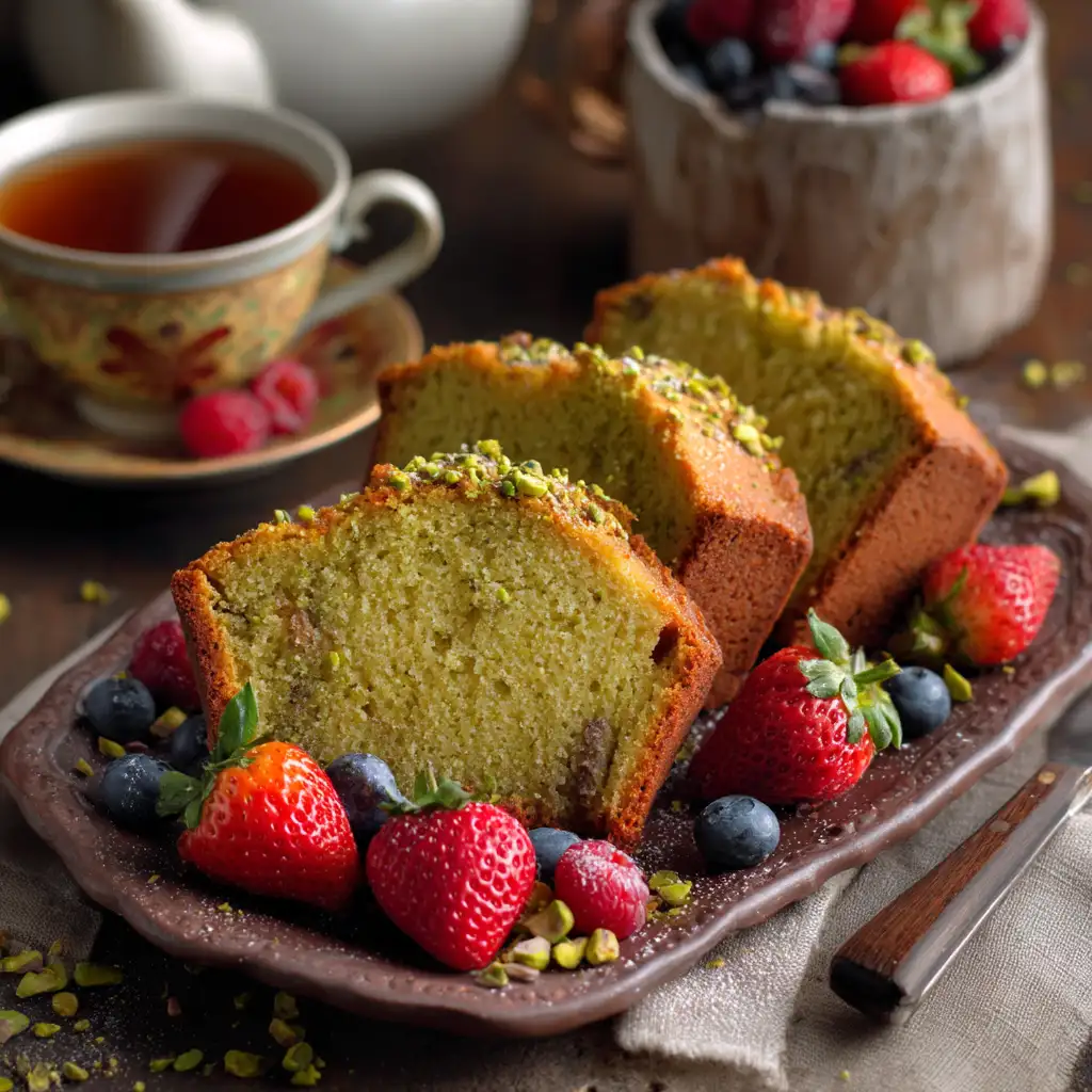 Serving pistachio pound cake with berries