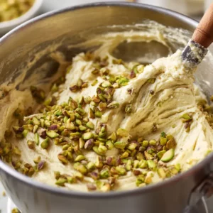 Folding pistachios into cake batter