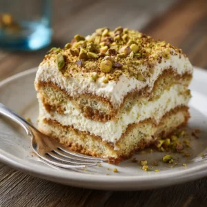 Pistachio tiramisu recipe served on a plate with crushed pistachios