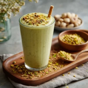 Served pistachio smoothie in glass