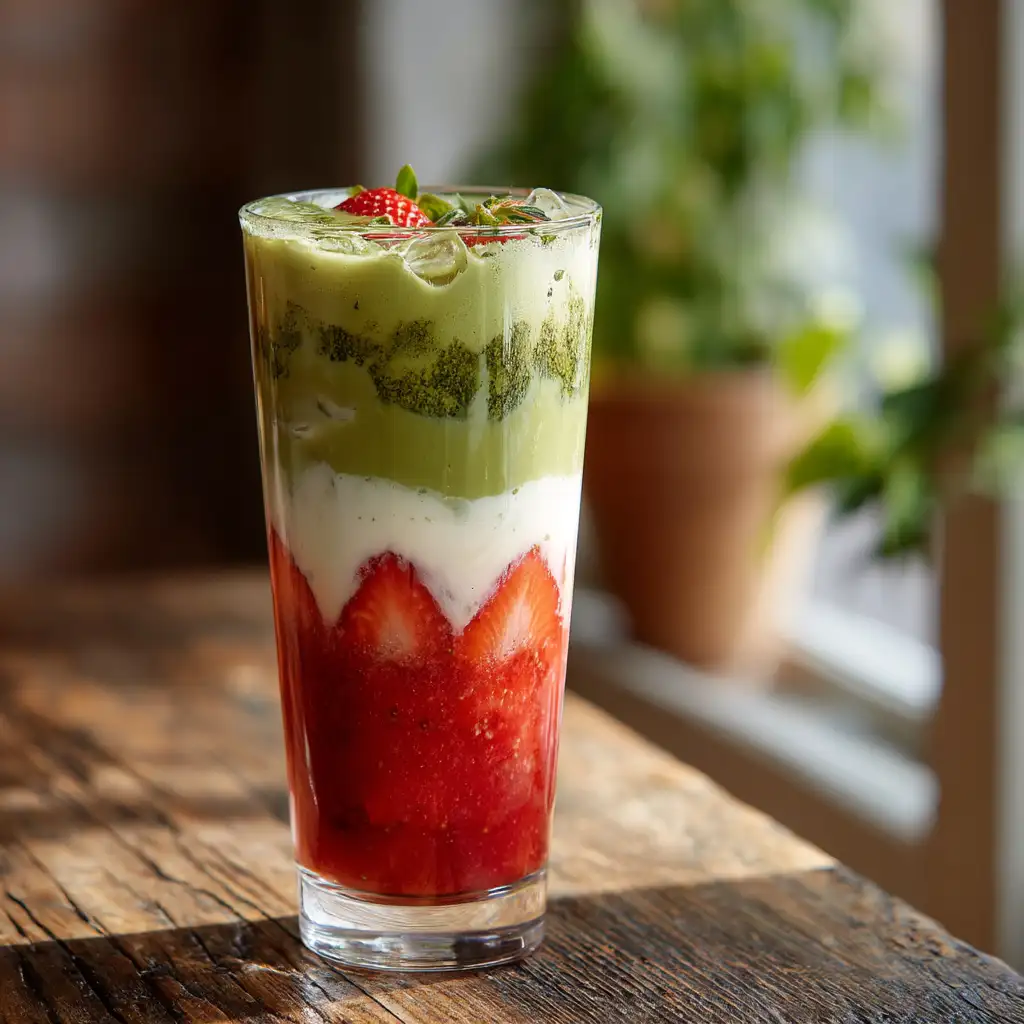 Layered strawberry matcha latte in clear glass