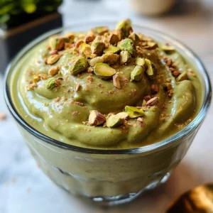 Vegan pistachio pudding in a glass dessert bowl