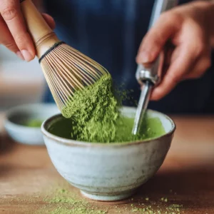 Whisking matcha for strawberry matcha latte