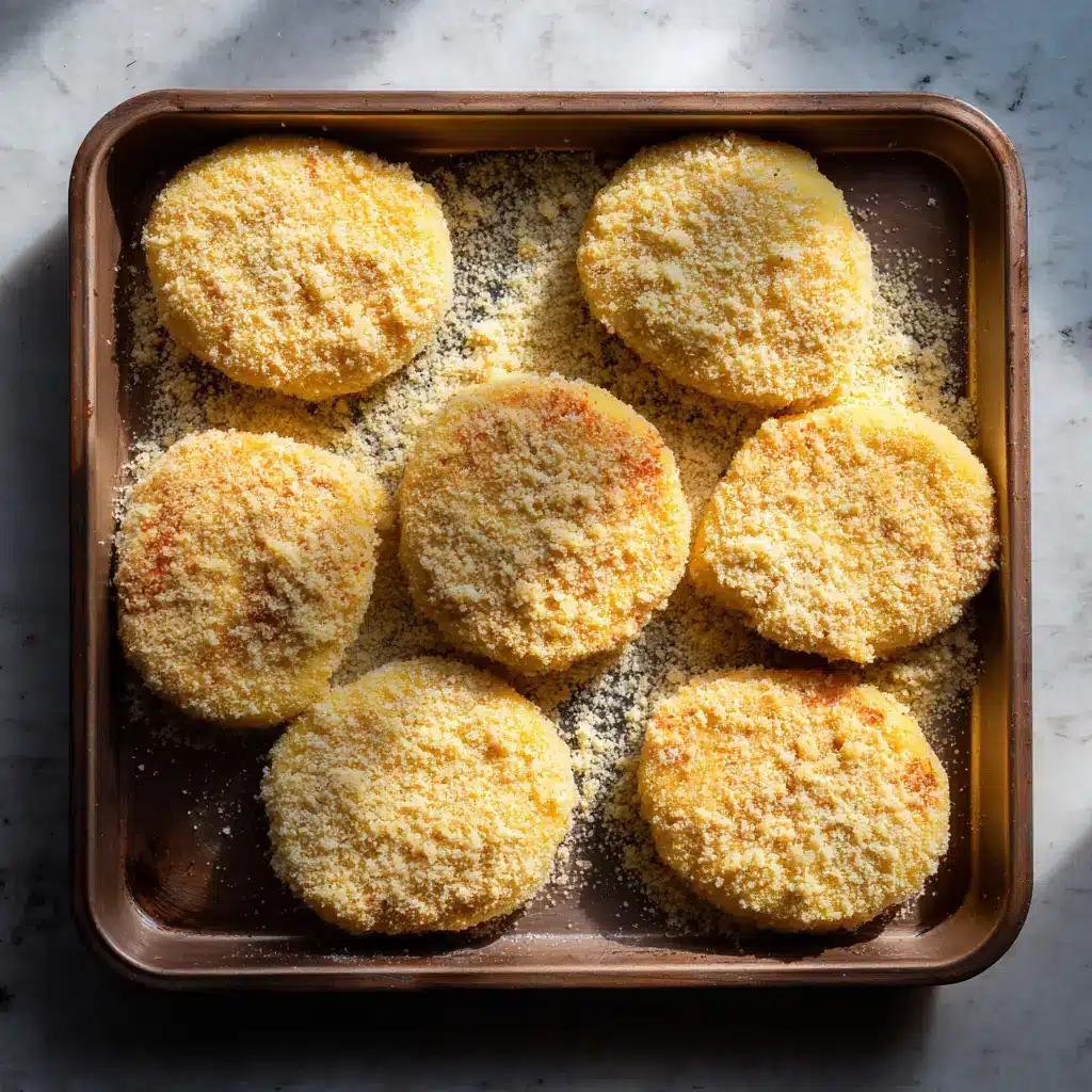 Uncooked cheese potato cutlets shaped on tray