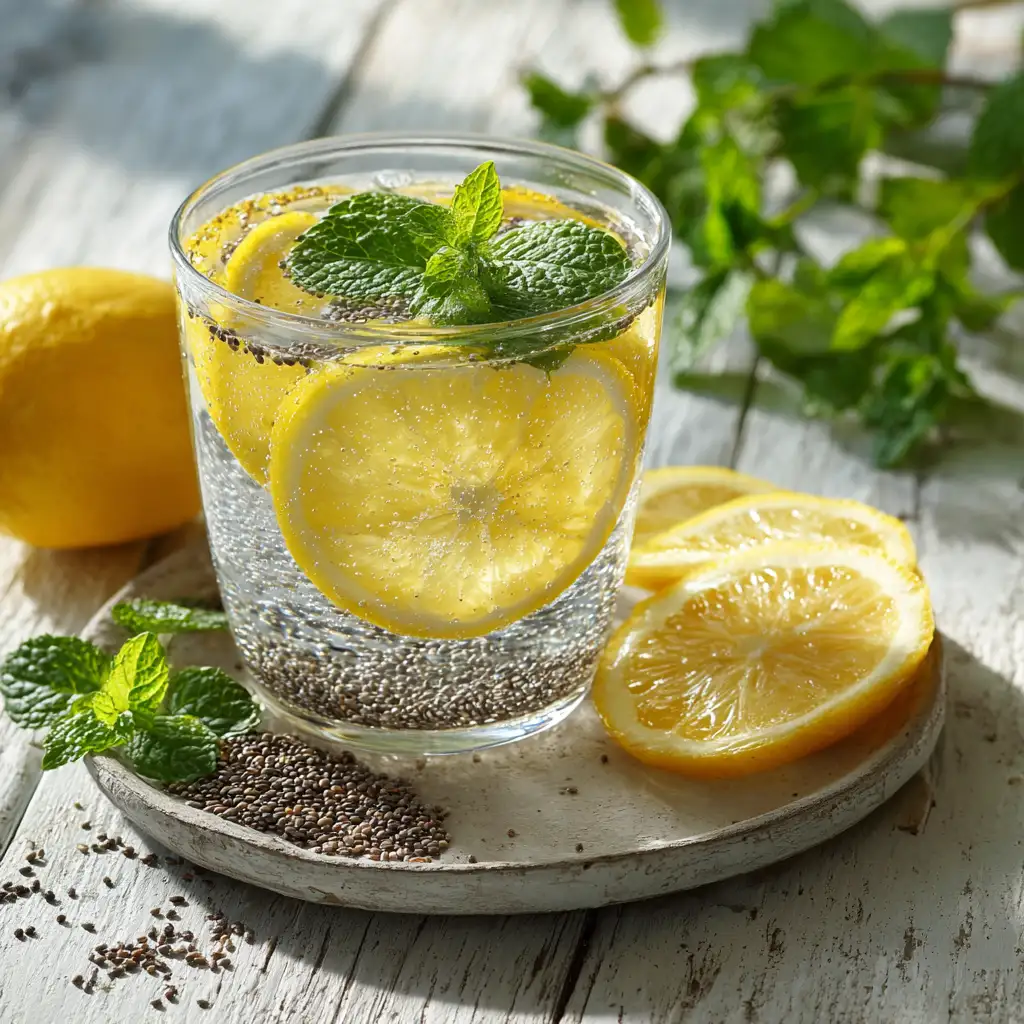 Chia seed water recipe in glass with lemon and mint