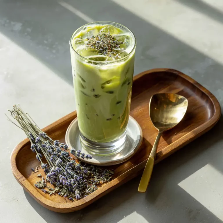 Final iced matcha lavender latte ready to drink