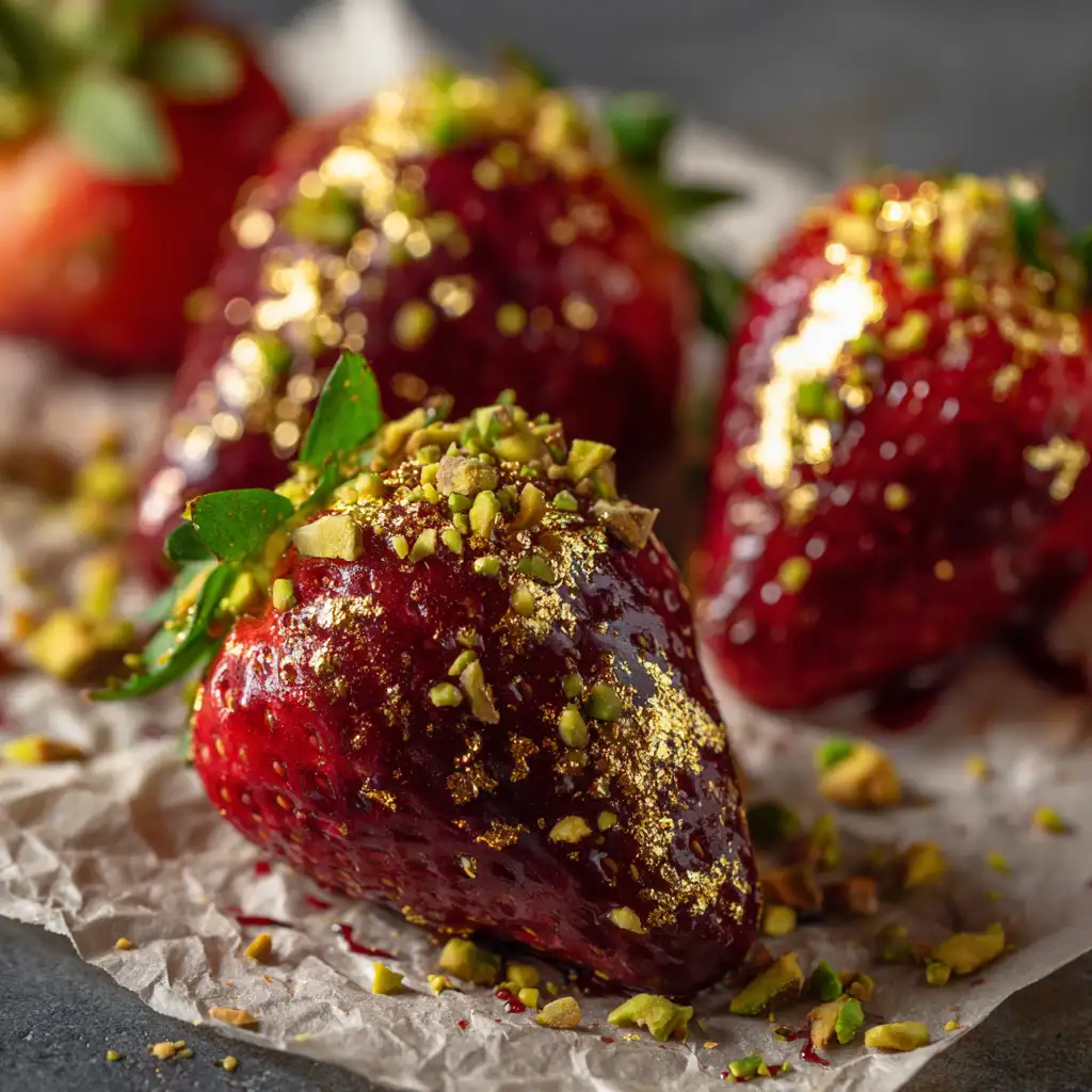 Dubai chocolate strawberries with gold and pistachios setting