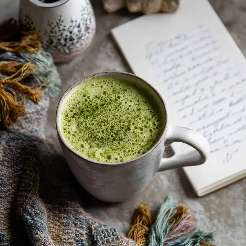 recipe card with matcha tea latte and mug