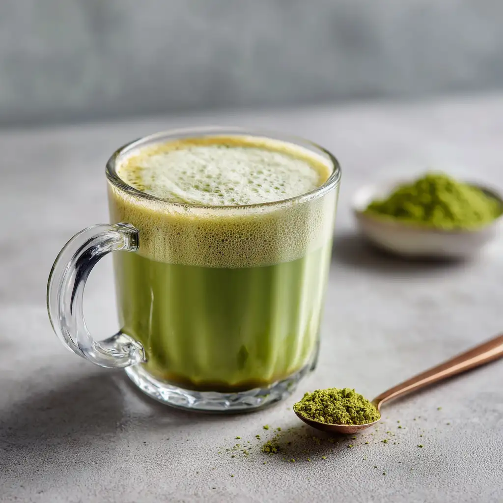 hot matcha latte recipe in clear glass mug