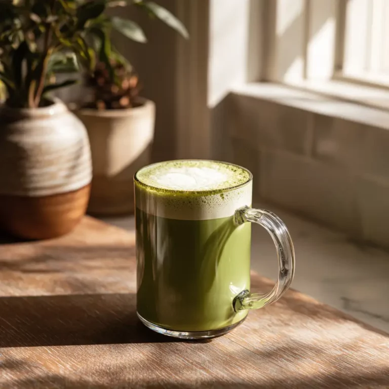 matcha tea latte recipe in cozy home setting