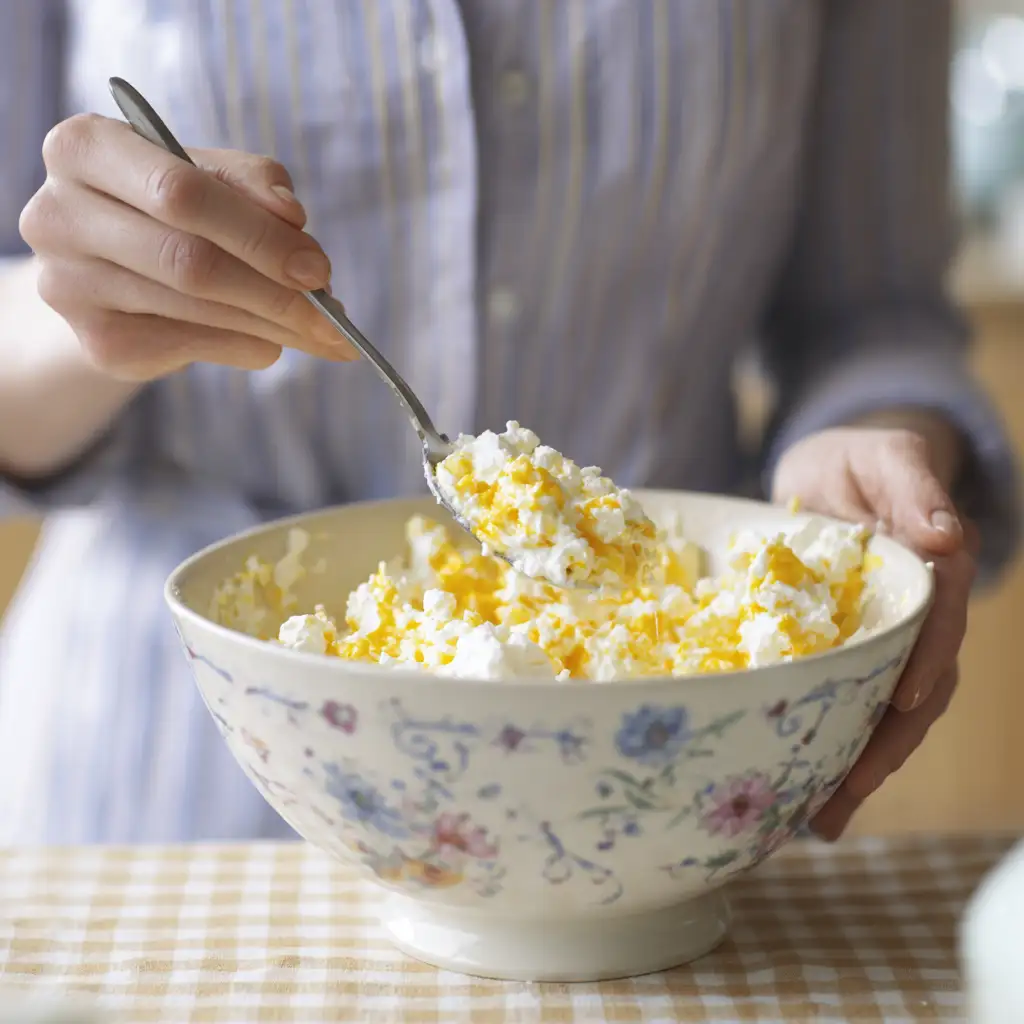 Mixing cottage cheese and eggs