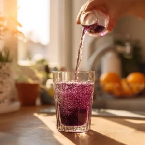 woman pouring purple fizzy juice for weight loss