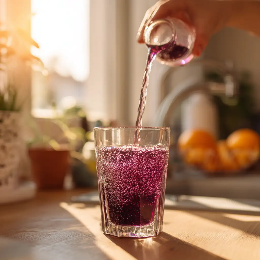 woman pouring purple fizzy juice for weight loss