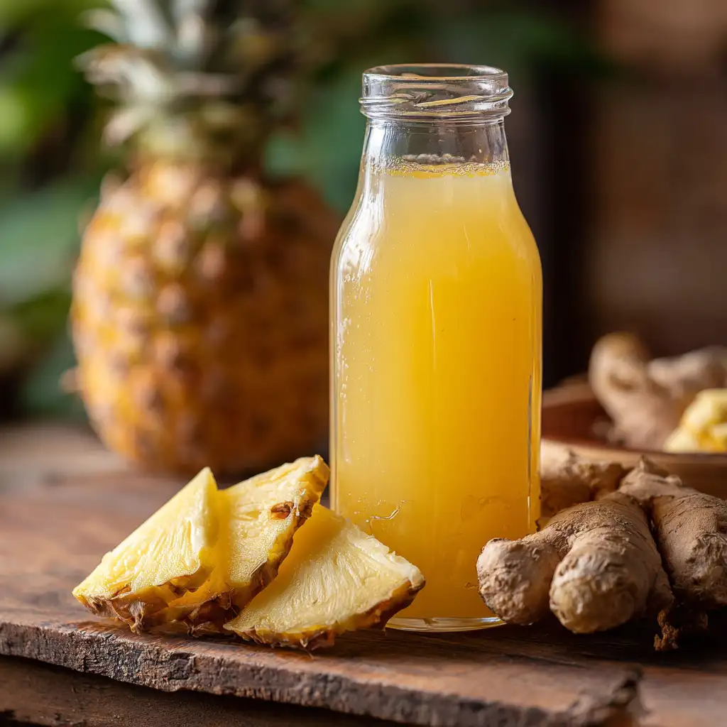 Pineapple ginger juice in a glass bottle with fresh fruit
