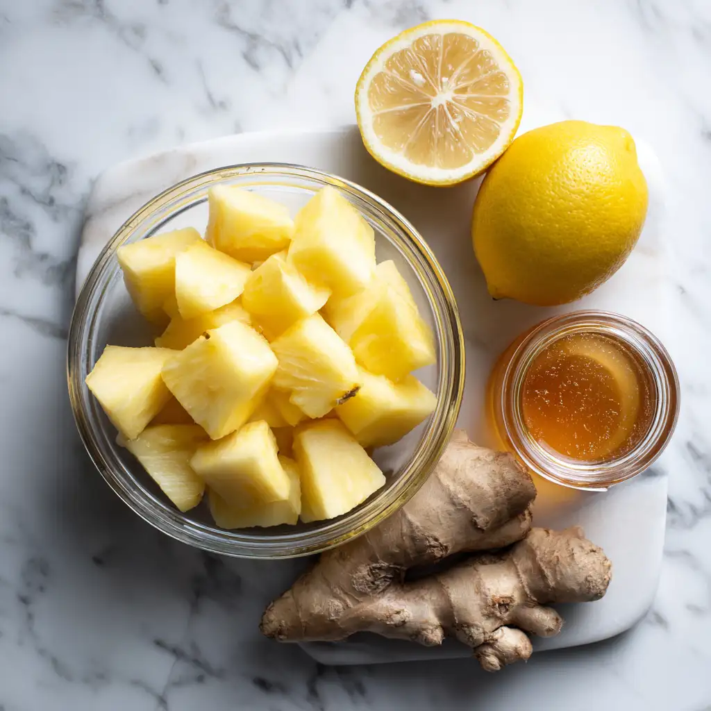 Pineapple ginger juice ingredients on countertop