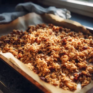 protein granola recipe baking step on parchment paper