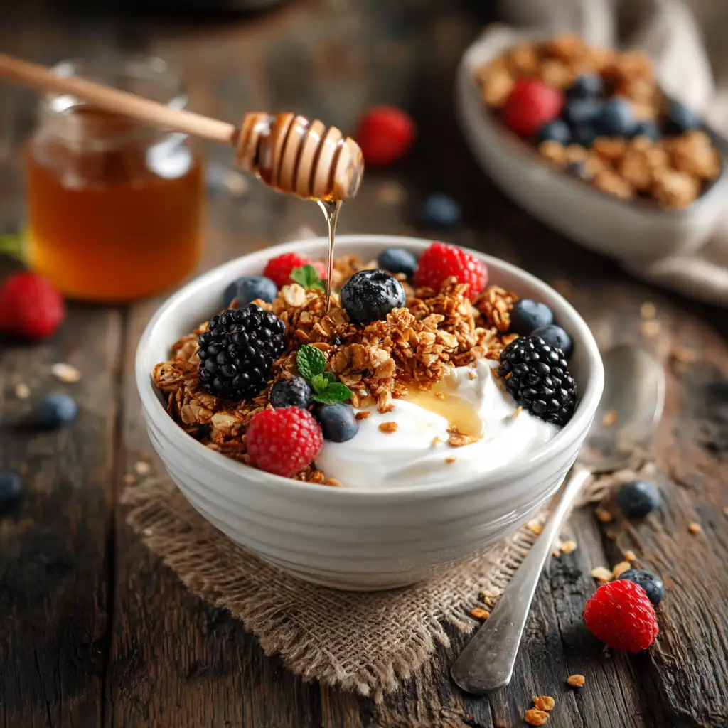 protein granola recipe served with yogurt and berries