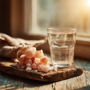 glass of salt flush on bathroom counter