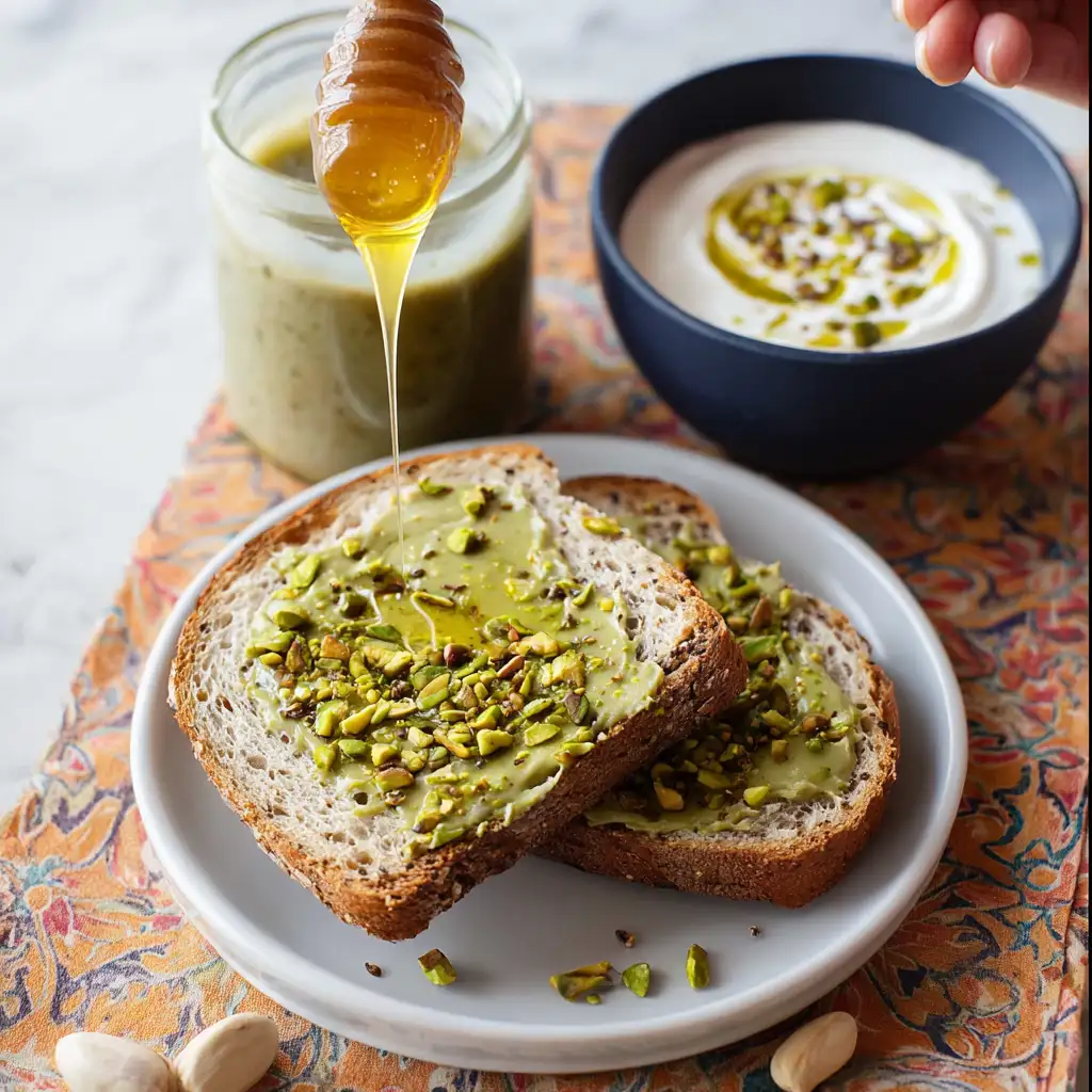 pistachio butter on toast and yogurt