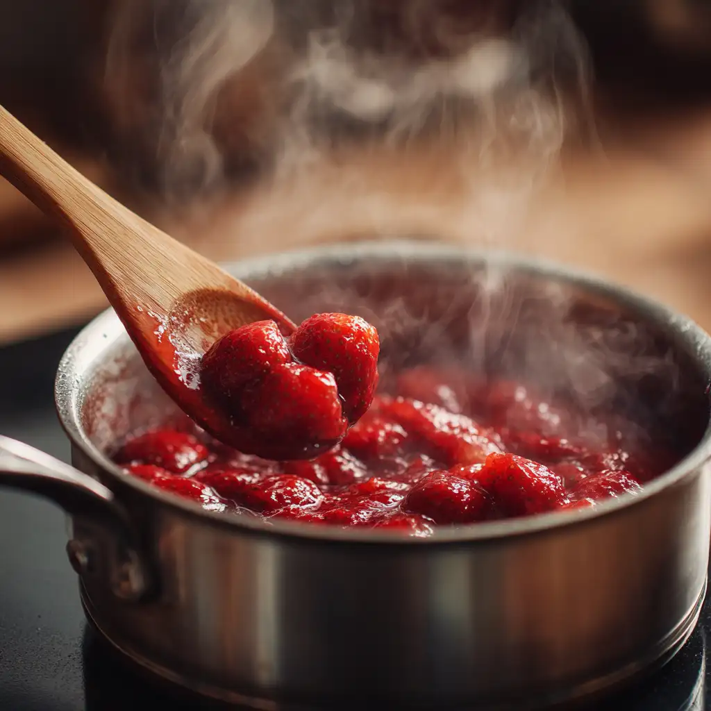 Cooking strawberries for strawberry chia jam in saucepan