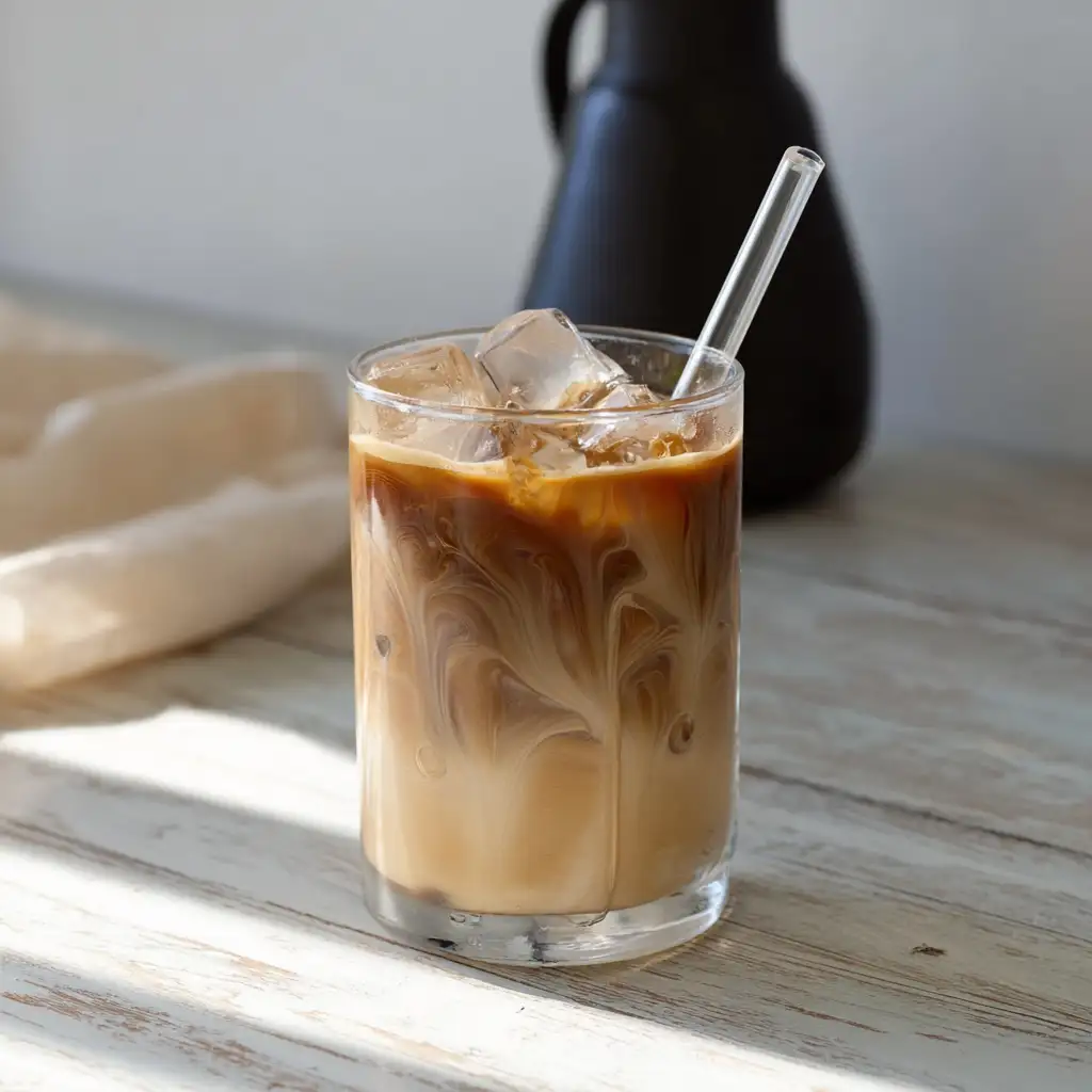 Tahini iced coffee served in a glass over ice
