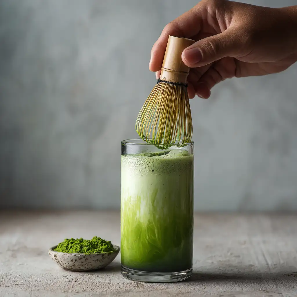 Whisking matcha for lavender latte