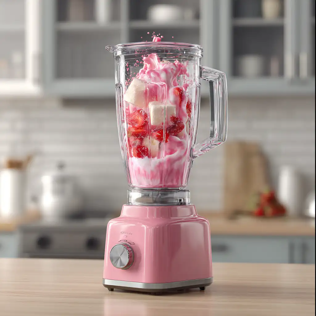 Blending Angel Food Smoothie King recipe ingredients into a smooth pink drink