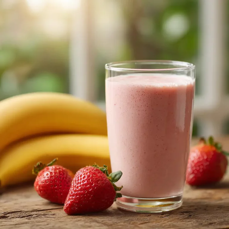 Angel Food Smoothie King recipe served in a tall glass with strawberries and banana