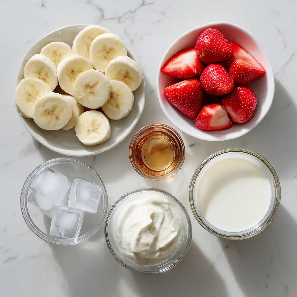 Ingredients for Angel Food Smoothie King recipe laid out on marble