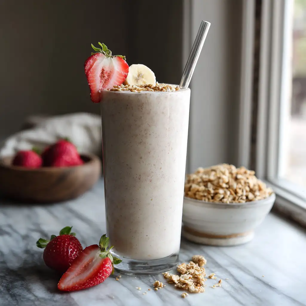 Angel Food Smoothie served with strawberry and banana garnish