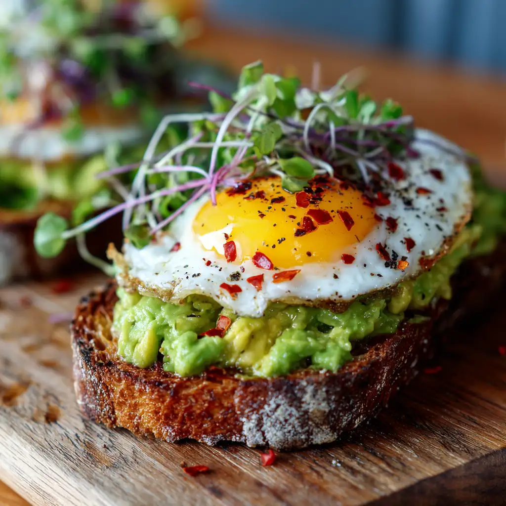 Avocado toast with egg on rustic sourdough bread