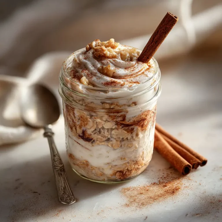cinnamon roll overnight oats in a jar with glaze